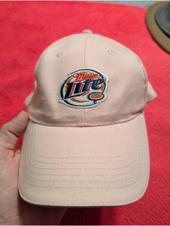 Acme Accessories - Miller Lite Beer Hat Women's Light Pink Embroidered Mom Cap Strapback ACME